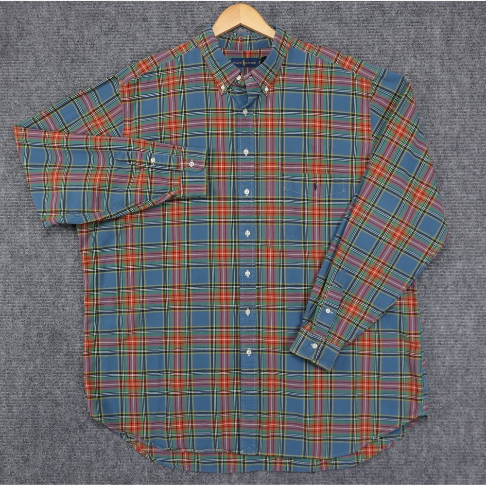 Polo Ralph Lauren Men 3XLT Flannel Blue Orange Green Plaid Button Down Shirt L/S